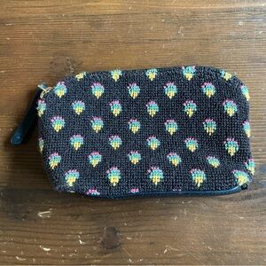 Stubbs & Wootten Black Needlepoint Zip 7” Mini Pouch Preppy Coquette Clutch